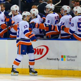 Jan 13, 2018; New York, NY, USA; New York Islanders center Mathew Barzal (13) is congratulated after scoring a goal against the New York Rangers during the second period at Madison Square Garden. Mandatory Credit: Andy Marlin-USA TODAY Sports