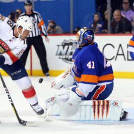 Jan 30, 2018; Brooklyn, NY, USA; New York Islanders goalie Jaroslav Halak (41) allows a goal to Florida Panthers defenseman Michael Matheson (not pictured) in front of Panthers center Micheal Haley (18) during the first period at Barclays Center. Mandatory Credit: Brad Penner-USA TODAY Sports