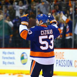 Apr 24, 2016; Brooklyn, NY, USA; New York Islanders center Casey Cizikas (53) reacts after the Islanders defeated the Florida Panthers in double overtime in game six of the first round of the 2016 Stanley Cup Playoffs at Barclays Center. The Islanders defeated the Panthers 2-1 to win the series four games to two. Mandatory Credit: Andy Marlin-USA TODAY Sports