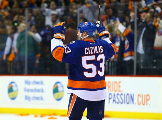 Apr 24, 2016; Brooklyn, NY, USA; New York Islanders center Casey Cizikas (53) reacts after the Islanders defeated the Florida Panthers in double overtime in game six of the first round of the 2016 Stanley Cup Playoffs at Barclays Center. The Islanders defeated the Panthers 2-1 to win the series four games to two. Mandatory Credit: Andy Marlin-USA TODAY Sports