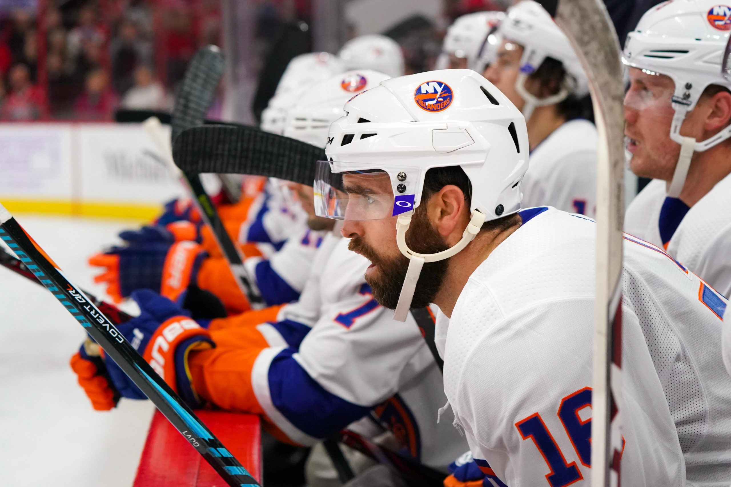 Nov 19, 2017; Raleigh, NC, USA; New York Islanders forward Andrew Ladd (16) looks on from the players bench against the Carolina Hurricanes at PNC Arena. The Carolina Hurricanes defeated the New York Islanders 4-2. Mandatory Credit: James Guillory-USA TODAY Sports