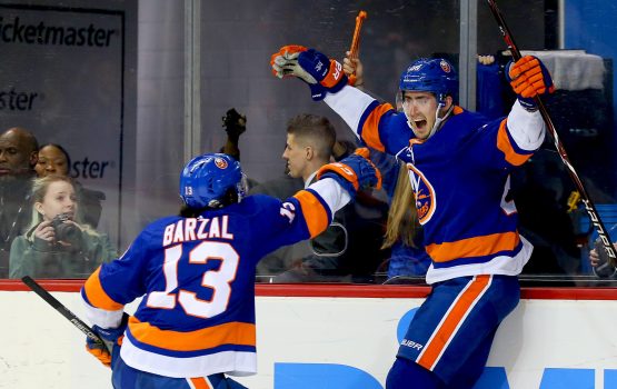Feb 9, 2018; Brooklyn, NY, USA; New York Islanders center Brock Nelson (29) celebrates with center Mathew Barzal (13) after Nelson scored the game winning goal in overtime against the Detroit Red Wings at Barclays Center. Mandatory Credit: Andy Marlin-USA TODAY Sports