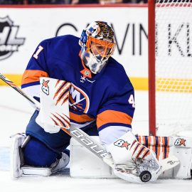Feb 15, 2018; Brooklyn, NY, USA; New York Islanders goaltender Jaroslav Halak (41) makes a save against the New York Rangers during the third period at Barclays Center. Mandatory Credit: Dennis Schneidler-USA TODAY Sports