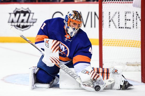 Feb 15, 2018; Brooklyn, NY, USA; New York Islanders goaltender Jaroslav Halak (41) makes a save against the New York Rangers during the third period at Barclays Center. Mandatory Credit: Dennis Schneidler-USA TODAY Sports