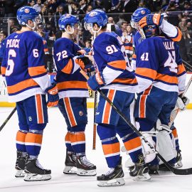 Feb 15, 2018; Brooklyn, NY, USA; New York Islanders celebrates the shutout by goaltender Jaroslav Halak (41) against the New York Rangers after the game at Barclays Center. Mandatory Credit: Dennis Schneidler-USA TODAY Sports