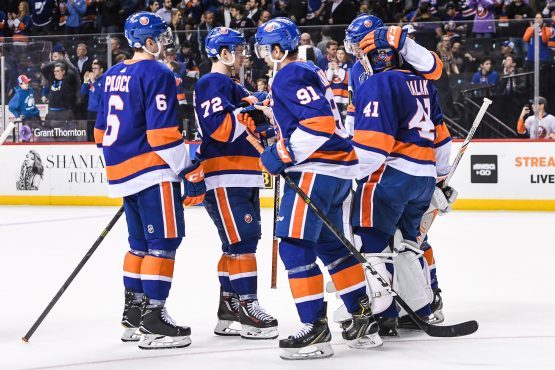 Feb 15, 2018; Brooklyn, NY, USA; New York Islanders celebrates the shutout by goaltender Jaroslav Halak (41) against the New York Rangers after the game at Barclays Center. Mandatory Credit: Dennis Schneidler-USA TODAY Sports