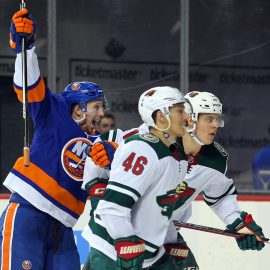 Feb 19, 2018; Brooklyn, NY, USA; New York Islanders center Tanner Fritz (56) reacts after scoring a goal against the Minnesota Wild during the second period at Barclays Center. The goal was the first of his NHL career. Mandatory Credit: Brad Penner-USA TODAY Sports