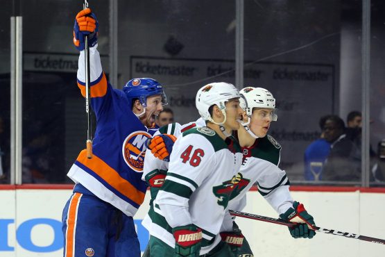 Feb 19, 2018; Brooklyn, NY, USA; New York Islanders center Tanner Fritz (56) reacts after scoring a goal against the Minnesota Wild during the second period at Barclays Center. The goal was the first of his NHL career. Mandatory Credit: Brad Penner-USA TODAY Sports