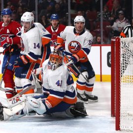 Feb 28, 2018; Montreal, Quebec, CAN; Montreal Canadiens right wing Nikita Scherbak (38) (not pictured) scores a goal against New York Islanders goaltender Jaroslav Halak (41) and defenseman Thomas Hickey (14) defends during the second period at Bell Centre. Mandatory Credit: Jean-Yves Ahern-USA TODAY Sports