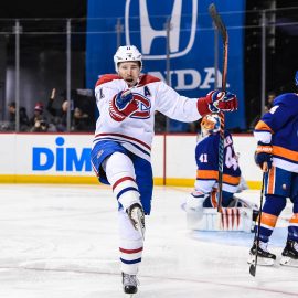 Mar 2, 2018; Brooklyn, NY, USA; Montreal Canadiens right wing Brendan Gallagher (11) celebrates after scoring a goal against the New York Islanders during the first period at Barclays Center. Mandatory Credit: Dennis Schneidler-USA TODAY Sports
