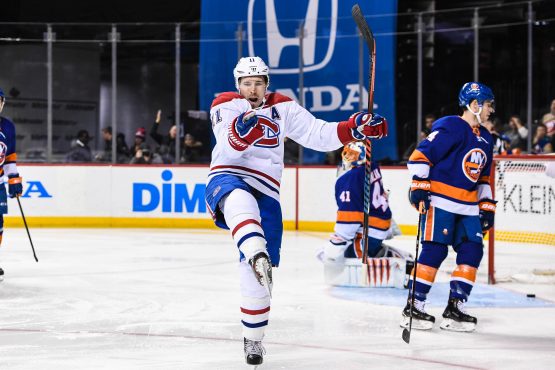 Mar 2, 2018; Brooklyn, NY, USA; Montreal Canadiens right wing Brendan Gallagher (11) celebrates after scoring a goal against the New York Islanders during the first period at Barclays Center. Mandatory Credit: Dennis Schneidler-USA TODAY Sports