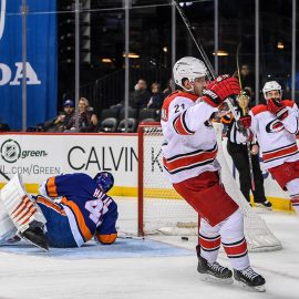 Mar 18, 2018; Brooklyn, NY, USA; Carolina Hurricanes right wing Lee Stempniak (21) celebrates his goal against the New York Islanders during the first period at Barclays Center. Mandatory Credit: Dennis Schneidler-USA TODAY Sports