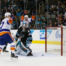 Nov 25, 2016; San Jose, CA, USA; New York Islanders left wing Anders Lee (27) and center John Tavares (91) celebrate in the first period of the game against San Jose Sharks at SAP Center at San Jose. Mandatory Credit: Stan Szeto-USA TODAY Sports