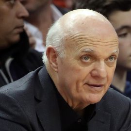 Jan 22, 2017; Toronto, Ontario, CAN; Toronto Maple Leafs general manager Lou Lamoriello and New Yor Yankees general manager Brian Cashman watch the Toronto Raptors play against the Phoenix Suns at Air Canada Centre. Mandatory Credit: Tom Szczerbowski-USA TODAY Sports