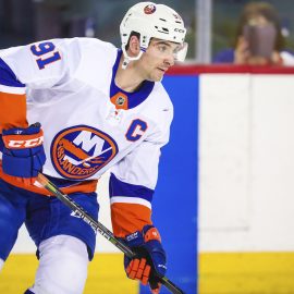 Mar 11, 2018; Calgary, Alberta, CAN; New York Islanders center John Tavares (91) skates during the warmup period against the Calgary Flames at Scotiabank Saddledome. Mandatory Credit: Sergei Belski-USA TODAY Sports