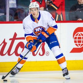 Mar 11, 2018; Calgary, Alberta, CAN; New York Islanders center Mathew Barzal (13) controls the puck during the warmup period against the Calgary Flames at Scotiabank Saddledome. Mandatory Credit: Sergei Belski-USA TODAY Sports