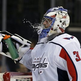 Mar 26, 2018; New York, NY, USA; Washington Capitals goaltender Philipp Grubauer (31) against the New York Rangers during the second period at Madison Square Garden. Mandatory Credit: Adam Hunger-USA TODAY Sports