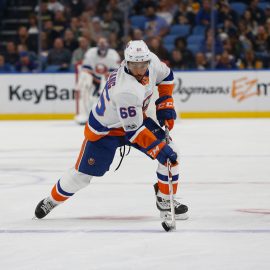 Sep 29, 2017; Buffalo, NY, USA; New York Islanders right wing Josh Ho-Sang (66) against the Buffalo Sabres at KeyBank Center. Mandatory Credit: Timothy T. Ludwig-USA TODAY Sports