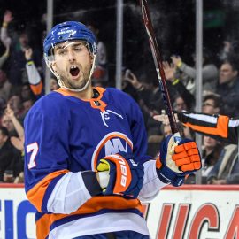 Feb 15, 2018; Brooklyn, NY, USA; New York Islanders center Jordan Eberle (7) celebrates his goal against the New York Rangers during the second period at Barclays Center. Mandatory Credit: Dennis Schneidler-USA TODAY Sports