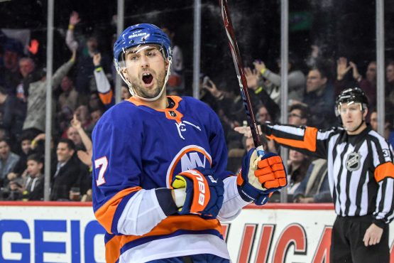 Feb 15, 2018; Brooklyn, NY, USA; New York Islanders center Jordan Eberle (7) celebrates his goal against the New York Rangers during the second period at Barclays Center. Mandatory Credit: Dennis Schneidler-USA TODAY Sports