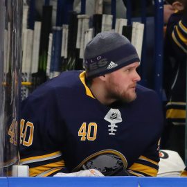 Feb 25, 2018; Buffalo, NY, USA; Buffalo Sabres goaltender Robin Lehner (40) on the bench during the game between the Buffalo Sabres and the Boston Bruins at KeyBank Center. Mandatory Credit: Kevin Hoffman-USA TODAY Sports