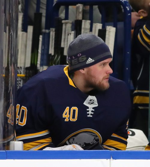 Feb 25, 2018; Buffalo, NY, USA; Buffalo Sabres goaltender Robin Lehner (40) on the bench during the game between the Buffalo Sabres and the Boston Bruins at KeyBank Center. Mandatory Credit: Kevin Hoffman-USA TODAY Sports