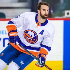 Mar 11, 2018; Calgary, Alberta, CAN; New York Islanders left wing Andrew Ladd (16) skates during the warmup period against the Calgary Flames at Scotiabank Saddledome. Mandatory Credit: Sergei Belski-USA TODAY Sports