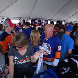 Sep 17, 2017; Uniondale, NY, USA; Fans browse Islanders merchandise before a game between the New York Islanders and the Philadelphia Flyers at NYCB Live at the Nassau Veterans Memorial Coliseum. Mandatory Credit: Brad Penner-USA TODAY Sports