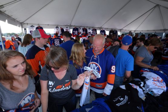 Sep 17, 2017; Uniondale, NY, USA; Fans browse Islanders merchandise before a game between the New York Islanders and the Philadelphia Flyers at NYCB Live at the Nassau Veterans Memorial Coliseum. Mandatory Credit: Brad Penner-USA TODAY Sports