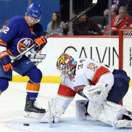 Mar 26, 2018; Brooklyn, NY, USA; Florida Panthers goalie James Reimer (34) makes a save against New York Islanders left wing Josh Bailey (12) during the second period at Barclays Center. Mandatory Credit: Brad Penner-USA TODAY Sports