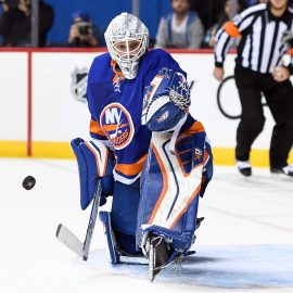 Oct 8, 2018; Brooklyn, NY, USA; New York Islanders goaltender Robin Lehner (40) makes a save against the San Jose Sharks during the first period at Barclays Center. Mandatory Credit: Dennis Schneidler-USA TODAY Sports