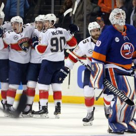 Oct 24, 2018; Brooklyn, NY, USA; Florida Panthers left wing Mike Hoffman (68) celebrates his game winning goal against New York Islanders goaltender Robin Lehner (40) during overtime at Barclays Center. Mandatory Credit: Brad Penner-USA TODAY Sports