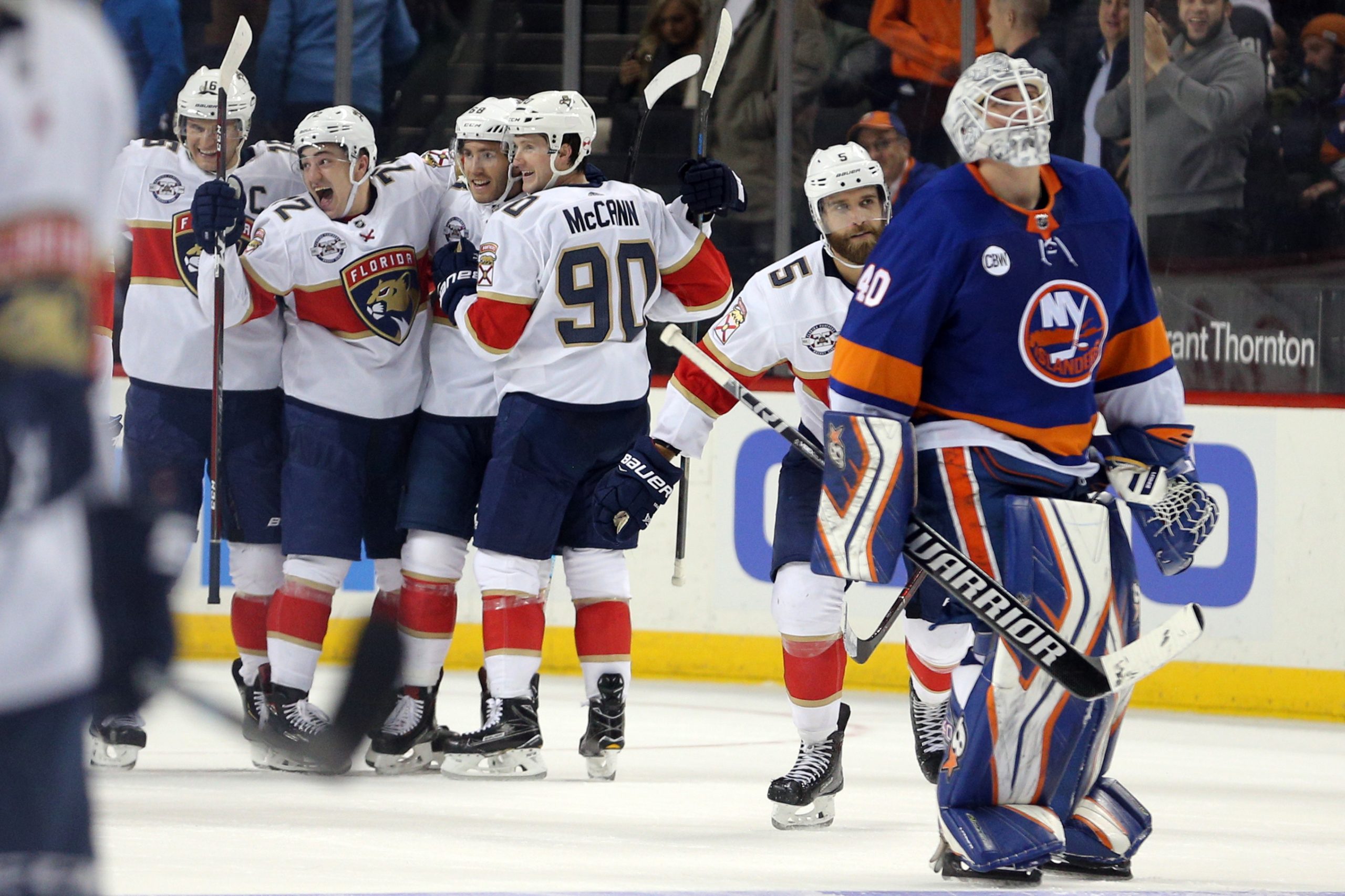 Oct 24, 2018; Brooklyn, NY, USA; Florida Panthers left wing Mike Hoffman (68) celebrates his game winning goal against New York Islanders goaltender Robin Lehner (40) during overtime at Barclays Center. Mandatory Credit: Brad Penner-USA TODAY Sports