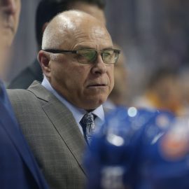 Oct 6, 2018; Brooklyn, NY, USA; New York Islanders head coach Barry Trotz coaches against the Nashville Predators during the first period at Barclays Center. Mandatory Credit: Brad Penner-USA TODAY Sports