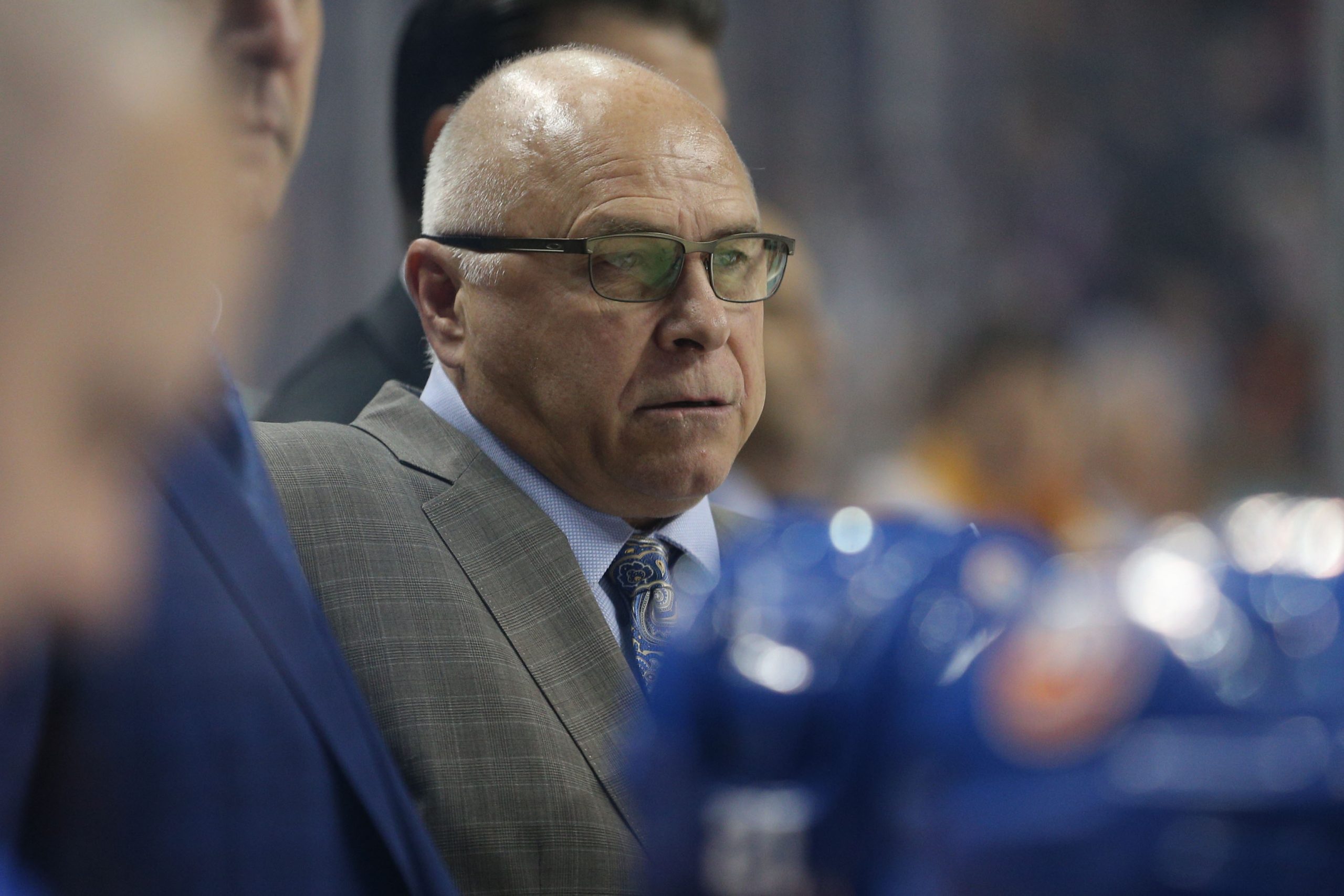 Oct 6, 2018; Brooklyn, NY, USA; New York Islanders head coach Barry Trotz coaches against the Nashville Predators during the first period at Barclays Center. Mandatory Credit: Brad Penner-USA TODAY Sports