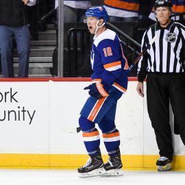 Nov 1, 2018; Brooklyn, NY, USA; New York Islanders right wing Josh Bailey (12) celebrates his goal against the Pittsburgh Penguins during the second period at Barclays Center. Mandatory Credit: Dennis Schneidler-USA TODAY Sports