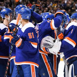 Nov 1, 2018; Brooklyn, NY, USA; New York Islanders celebrate the 3-2 win in shootouts against The Pittsburgh Penguins during shootouts at Barclays Center. Mandatory Credit: Dennis Schneidler-USA TODAY Sports