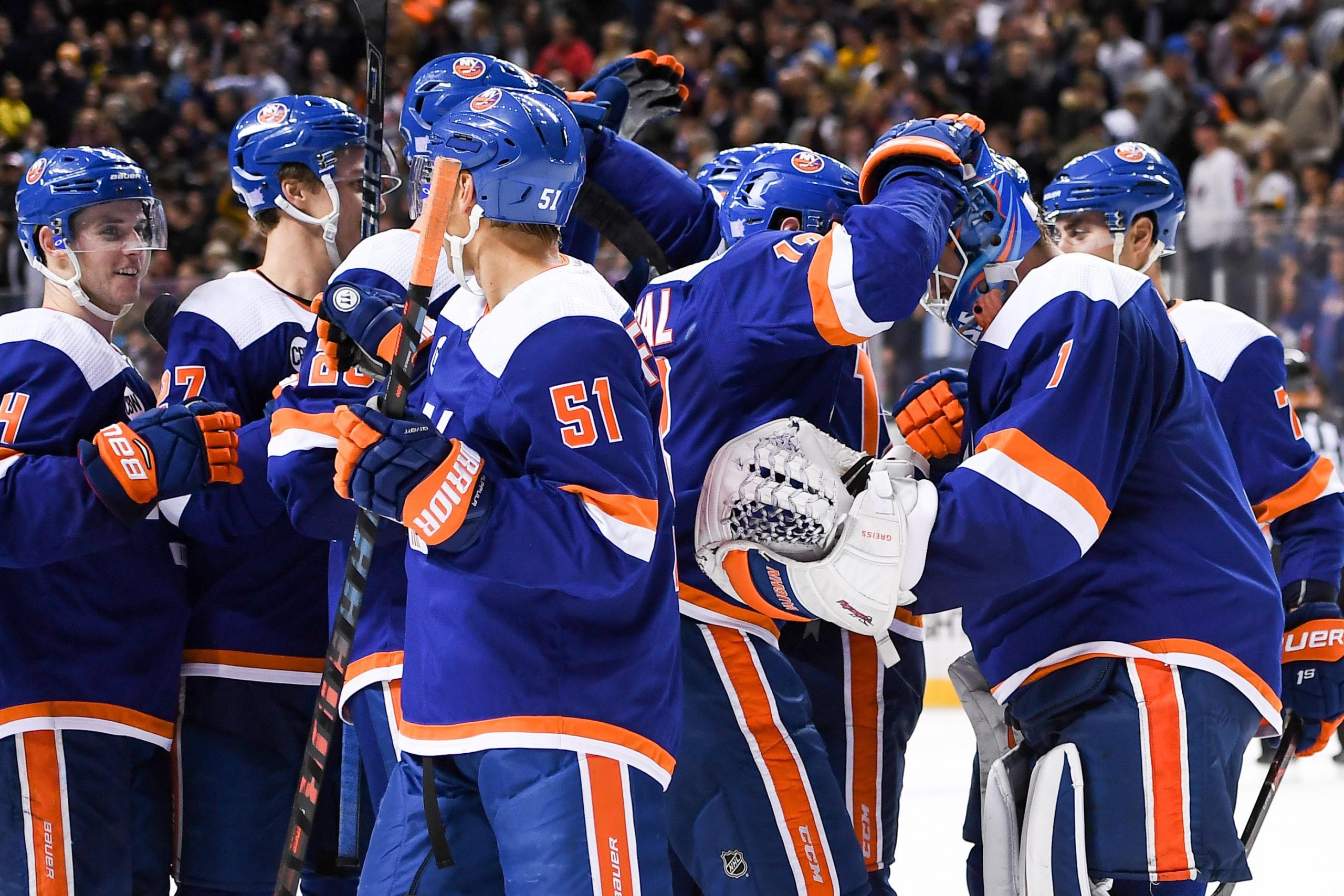 Nov 1, 2018; Brooklyn, NY, USA; New York Islanders celebrate the 3-2 win in shootouts against The Pittsburgh Penguins during shootouts at Barclays Center. Mandatory Credit: Dennis Schneidler-USA TODAY Sports