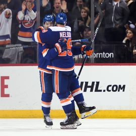 Nov 1, 2018; Brooklyn, NY, USA; New York Islanders left wing Anders Lee (27) celebrates his goal with New York Islanders center Brock Nelson (29) against The Pittsburgh Penguins during the third period at Barclays Center. Mandatory Credit: Dennis Schneidler-USA TODAY Sports