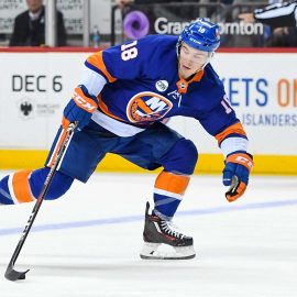 Nov 5, 2018; Brooklyn, NY, USA; New York Islanders center Anthony Beauvillier (18) accepts a pass across the blue against the Montreal Canadiens during the second period at Barclays Center. Mandatory Credit: Dennis Schneidler-USA TODAY Sports