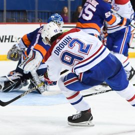 Nov 5, 2018; Brooklyn, NY, USA; Montreal Canadiens center Jonathan Drouin (92) attempts a shot on New York Islanders goaltender Thomas Greiss (1) during the third period at Barclays Center. Mandatory Credit: Dennis Schneidler-USA TODAY Sports