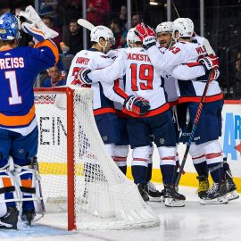 Nov 26, 2018; Brooklyn, NY, USA; Washington Capitals celebrate the goal by right wing Tom Wilson (43) against the New York Islanders during the first period at Barclays Center. Mandatory Credit: Dennis Schneidler-USA TODAY Sports