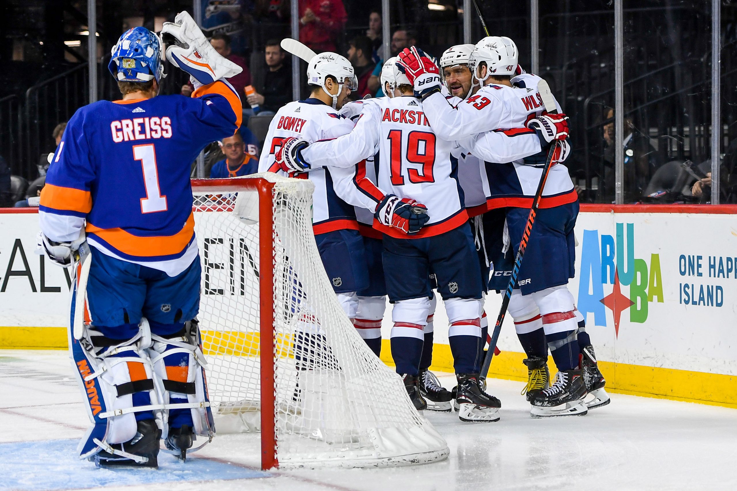 Nov 26, 2018; Brooklyn, NY, USA; Washington Capitals celebrate the goal by right wing Tom Wilson (43) against the New York Islanders during the first period at Barclays Center. Mandatory Credit: Dennis Schneidler-USA TODAY Sports