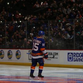 Dec 12, 2018; Brooklyn, NY, USA; Fans hold up cellphone lights from the stands during a lighting delay before the start of the third period between the New York Islanders and the Vegas Golden Knights at Barclays Center. Mandatory Credit: Brad Penner-USA TODAY Sports