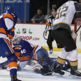 Dec 12, 2018; Brooklyn, NY, USA; Vegas Golden Knights center Tomas Nosek (92) scores the game winning goal past New York Islanders goalie Robin Lehner (40) during the third period at Barclays Center. Mandatory Credit: Brad Penner-USA TODAY Sports