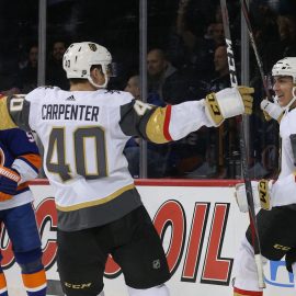 Dec 12, 2018; Brooklyn, NY, USA; Vegas Golden Knights center Tomas Nosek (92) celebrates with Golden Knights center Ryan Carpenter (40) after scoring the game winning goal against the New York Islanders during the third period at Barclays Center. Mandatory Credit: Brad Penner-USA TODAY Sports