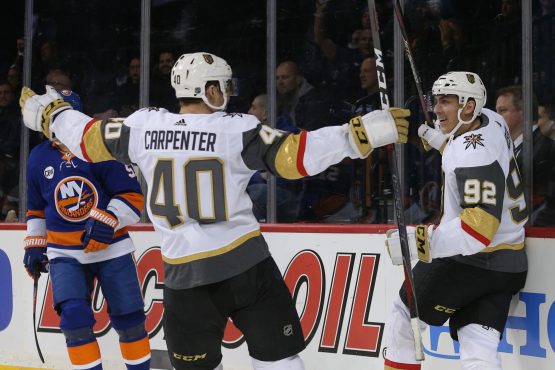 Dec 12, 2018; Brooklyn, NY, USA; Vegas Golden Knights center Tomas Nosek (92) celebrates with Golden Knights center Ryan Carpenter (40) after scoring the game winning goal against the New York Islanders during the third period at Barclays Center. Mandatory Credit: Brad Penner-USA TODAY Sports