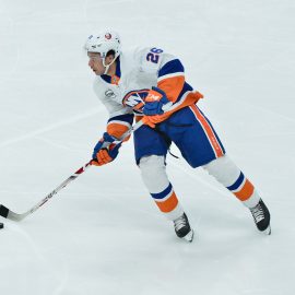 Dec 18, 2018; Glendale, AZ, USA; New York Islanders right wing Joshua Ho-Sang looks to pass during the first period against the Arizona Coyotes at Gila River Arena. Mandatory Credit: Matt Kartozian-USA TODAY Sports