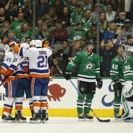 Dec 23, 2018; Dallas, TX, USA; New York Islanders celebrate a goal in the second period against the Dallas Stars at American Airlines Center. Mandatory Credit: Tim Heitman-USA TODAY Sports