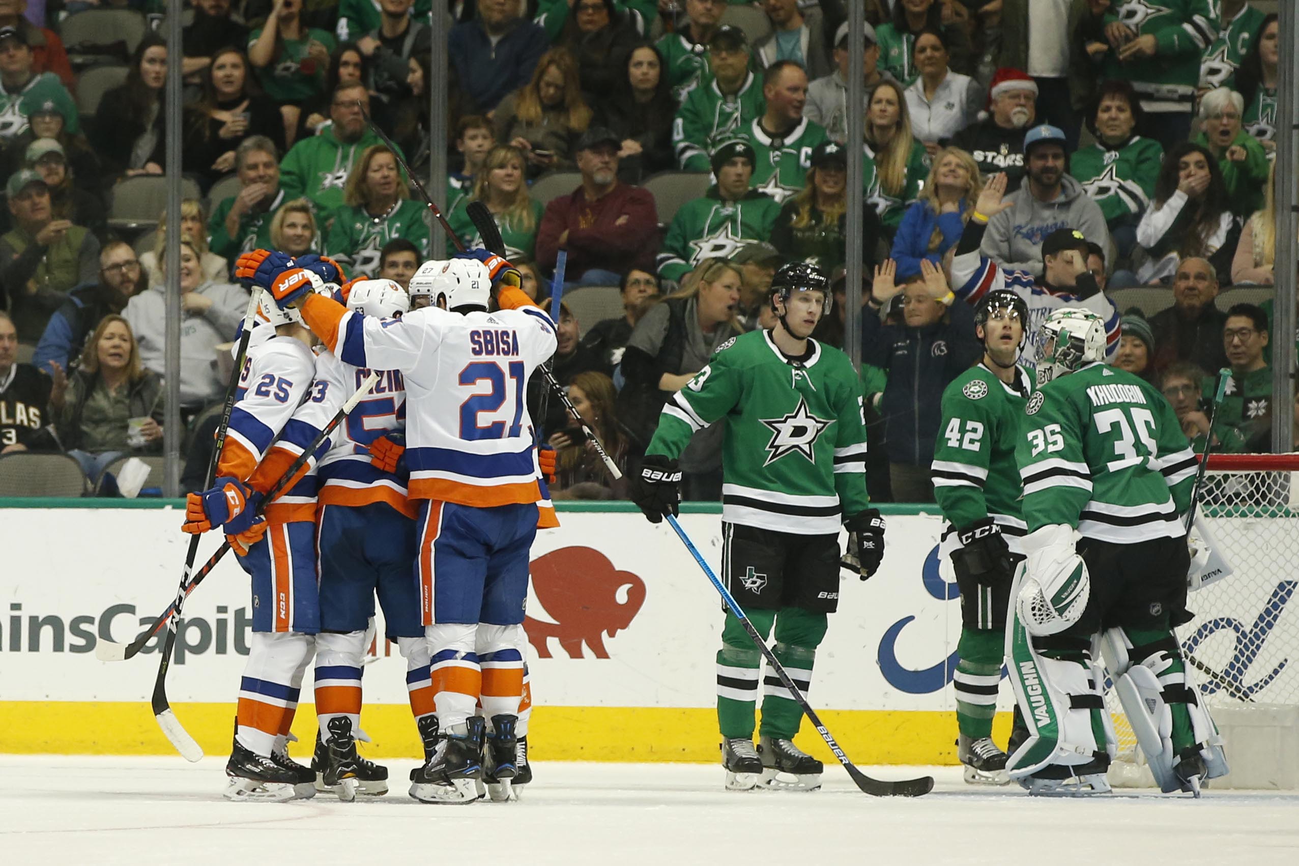 Dec 23, 2018; Dallas, TX, USA; New York Islanders celebrate a goal in the second period against the Dallas Stars at American Airlines Center. Mandatory Credit: Tim Heitman-USA TODAY Sports
